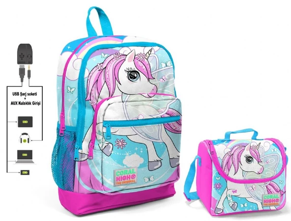 Coral High Mavi Unicorn Baskılı Okul Çantası ve Beslenme Çantası Seti - Kız Çocuk - USB Soketli ürün görseli 1