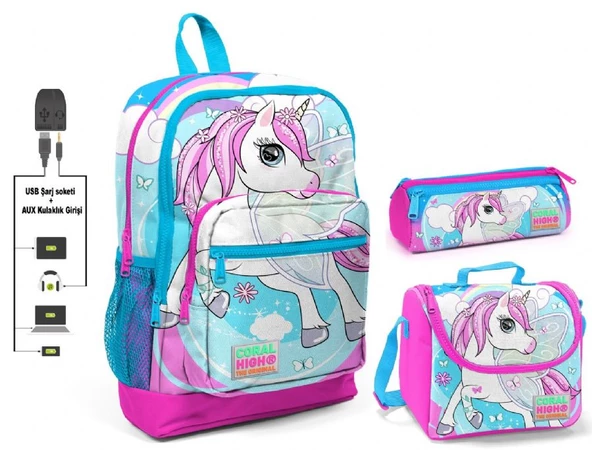Coral High Unicorn Baskılı Kız Çocuk İlkokul Çanta Seti - USB Çıkışlı ürün görseli 1