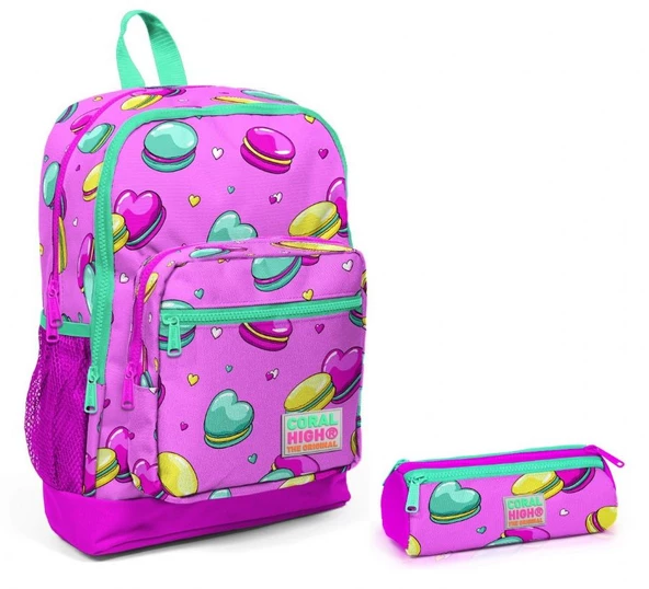 Coral High Pembe Makaron Kız Çocuk İlkokul Çanta Seti - Sırt Çantası ve Kalemlik ürün görseli 1