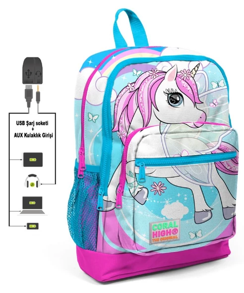 Coral High Mavi Unicorn Baskılı İlkokul ve Günlük Sırt Çantası - Kız Çocuk - USB ve AUX Soketli ürün görseli 1