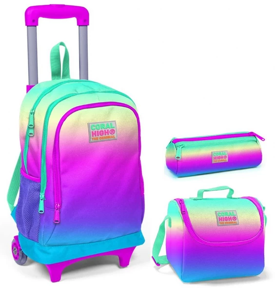 Coral High Pembe - Yeşil - Mavi Kız Çocuk Çekçek Çanta Seti - Işıklı Tekerlekler ürün görseli 1