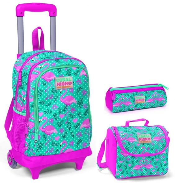 Coral High Yeşil Flamingo Kız Çocuk Çekçek Çanta Seti - Işıklı Tekerlekler ürün görseli 1
