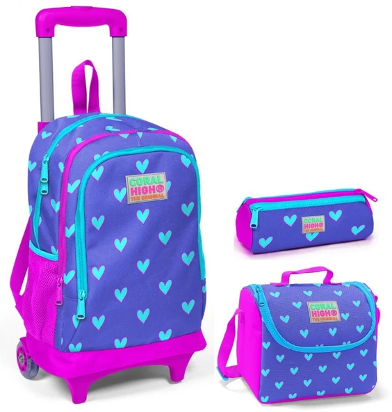 Coral High Pembe Kalp Kız Çocuk Çekçek Çanta Seti - Işıklı Tekerlekler ürün görseli 1