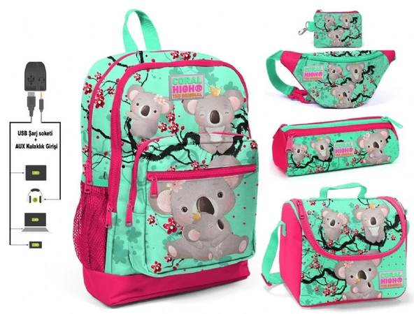 Coral High Yeşil Koala Baskılı Kız Çocuk İlkokul 5'li Çanta Seti - USB Soketli ürün görseli 1