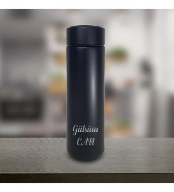 Kişiye Özel Dijital Sıcaklık Göstergeli Süzgeçli Siyah Termos 450 Ml HK2117 ürün görseli 1
