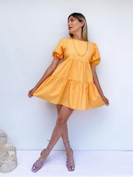 Kadın Sırt Pencere Detay Kavun Renk Mini Elbise ürün görseli 1