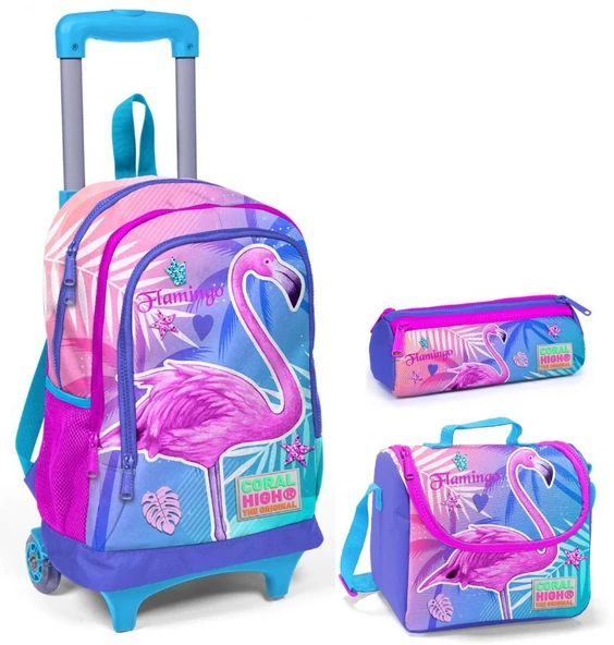 Coral High Mavi Flamingo Kız Çocuk Çekçek Çanta Seti - Işıklı Tekerlekler ürün görseli 1