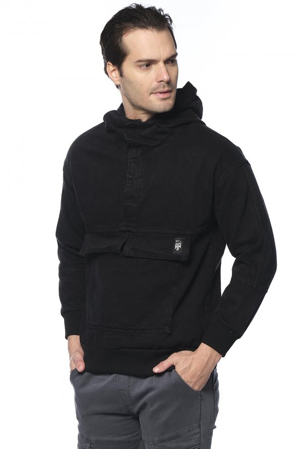 Erkek Kapüşonlu Kanguru Cepli Kot Sweatshirt - Resim 2
