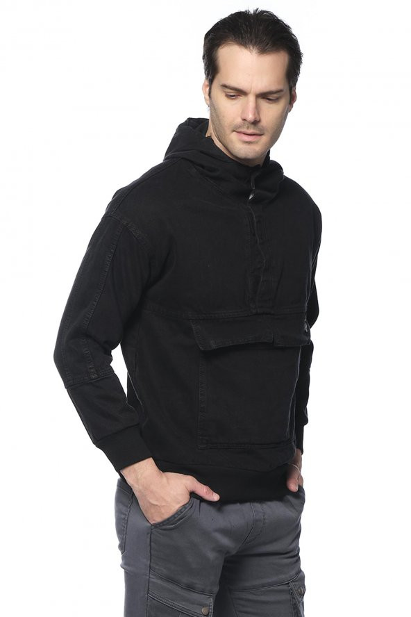 Erkek Kapüşonlu Kanguru Cepli Kot Sweatshirt - Resim 3