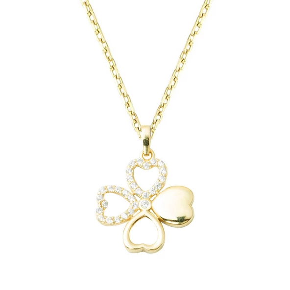 14 Ayar Altın Kalpli Yonca Kolye ürün görseli 1