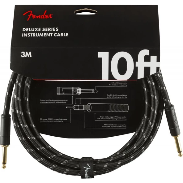Fender Deluxe Düz/Düz Uçlu 3m Siyah Tweed Enstrüman Kablosu ürün görseli 1