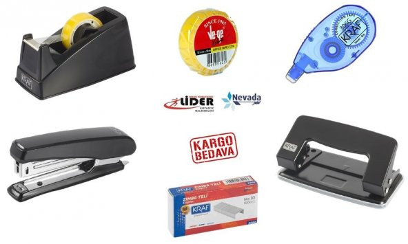 6 Parça Ofis Kırtasiye Seti + Delgeç - Bant Kesici - Daksil- Bant ürün görseli 1