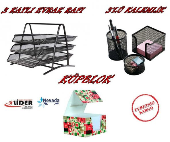 3 KATLI METAL EVRAK RAFI + KALEMLİK SETİ + KÜP NOT KAĞIDI ürün görseli 1