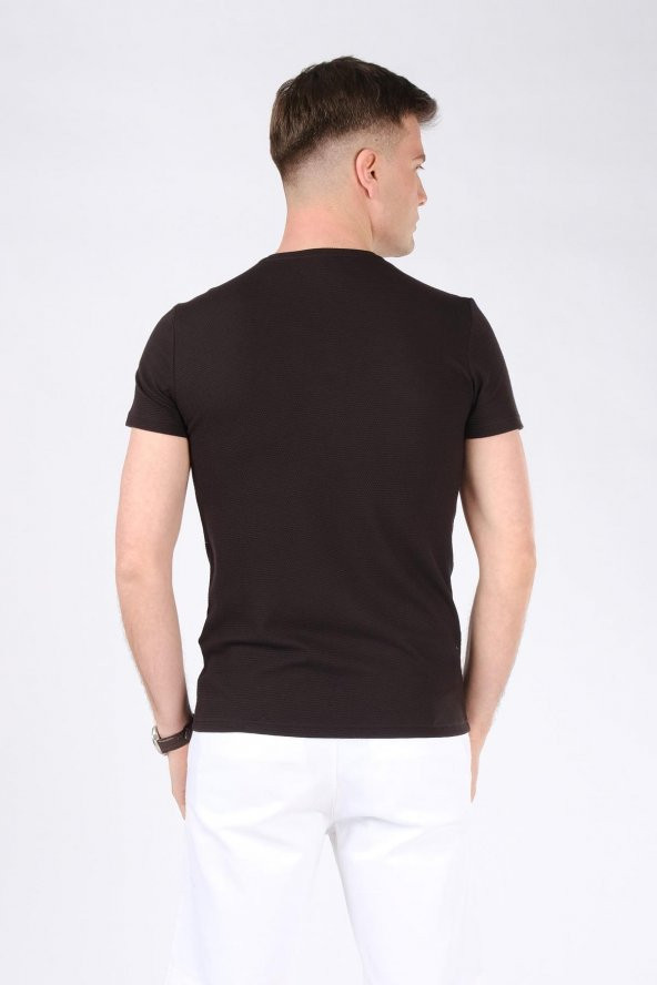 Erkek Sıfır Yaka Petek Dokuma T-Shirt Siyah - Resim 3