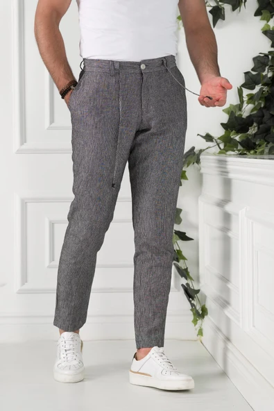 BELİ İPLİKLİ ÇİZGİLİ REGULAR FİT KETEN ERKEK JOGGER PANTOLON ürün görseli 1