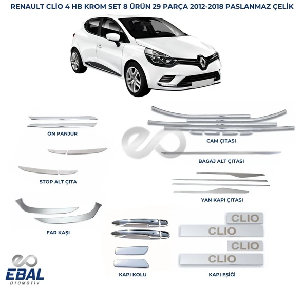 Renault Clio 4 hb krom aksesuar seti 8 ürün 29 parça 2012-2018 Arası P.Çelik ürün görseli 1