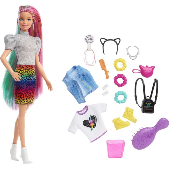 Orjinal Barbie Bebek Leopar Desenli Saçlar Bebeği GRN81 ürün görseli 1