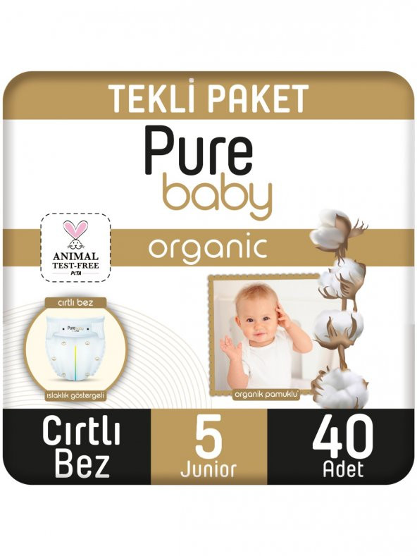 Pure Baby Organik Pamuklu Cırtlı Bez Tekli Paket 5 Numara Junior 40 Adet ürün görseli 1