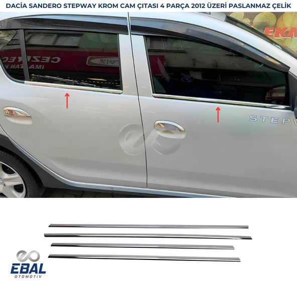 Dacia Sandero Stepway Krom Cam Çıtası Seti 4 Prç. 2012-2020 Paslanmaz Çelik ürün görseli 1