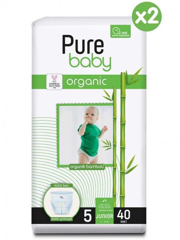 Pure Baby Organik Bambu Özlü Külot Bez Pure Baby 2li Paket 5 Numara Junior 80 Adet ürün görseli 1