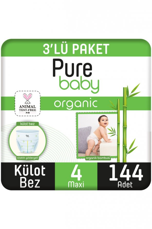 Pure Baby Organik Bambu Özlü Külot Bez 3Lü Paket 4 Numara Maxi 144 Adet ürün görseli 1