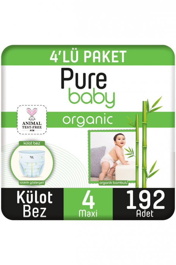 Pure Baby Organik Bambu Özlü Külot Bez Pure Baby 4lü  Paket 4 Numara Maxi 192 Adet ürün görseli 1