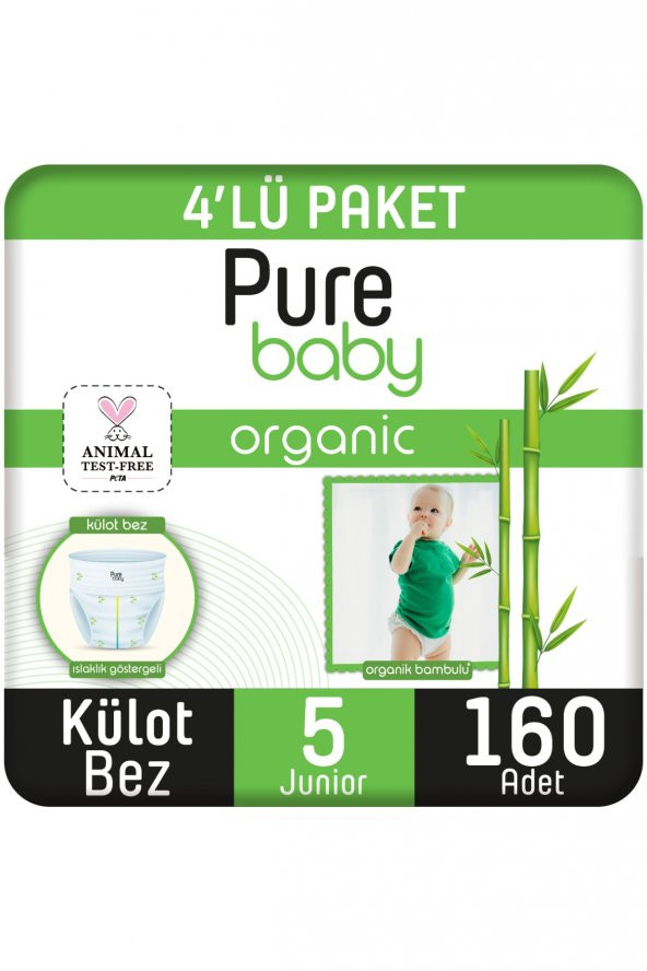 Pure Baby Organik Bambu Özlü Külot Bez Pure Baby 4Lü Paket 5 Numara Junior 160 Adet ürün görseli 1