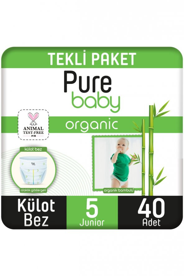 Pure Baby Organik Bambu Özlü Külot Bez Tekli Paket 5 Numara Junior 40 Adet ürün görseli 1