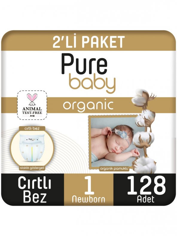 Pure Baby Organik Pamuklu Cırtlı Bez Pure Baby 2li Paket 1 Numara Yenidogan 128 Adet ürün görseli 1