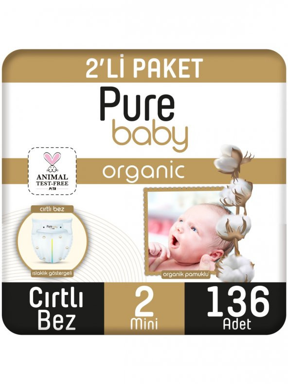 Pure Baby Organik Pamuklu Cırtlı Bez Pure Baby 2li Paket 2 Numara Mini 136 Adet ürün görseli 1