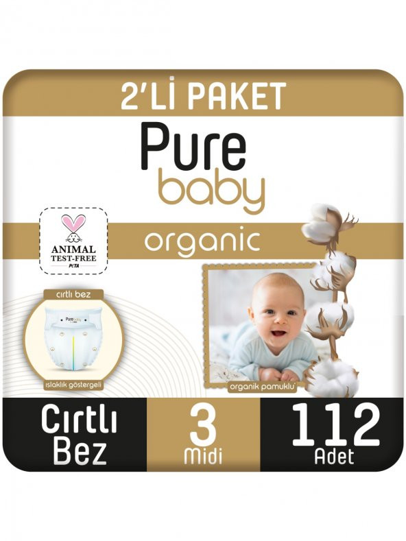 Pure Baby Organik Pamuklu Cırtlı Bez Pure Baby 2li Paket 3 Numara Midi 112 Adet ürün görseli 1