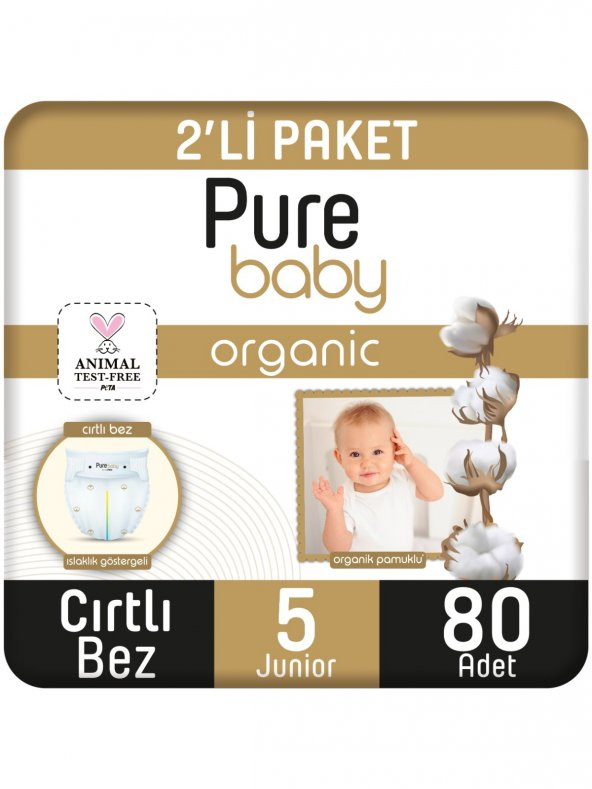 Pure Baby Organik Pamuklu Cırtlı Bez Pure Baby 2li Paket 5 Numara Junior 80 Adet ürün görseli 1