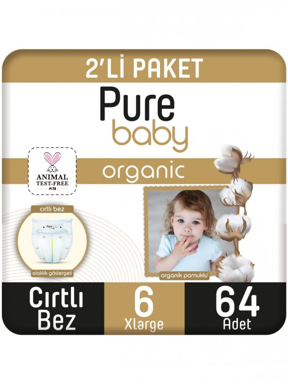 Pure Baby Organik Pamuklu Cırtlı Bez Pure Baby 2li Paket 6 Numara Xlarge 64 Adet ürün görseli 1