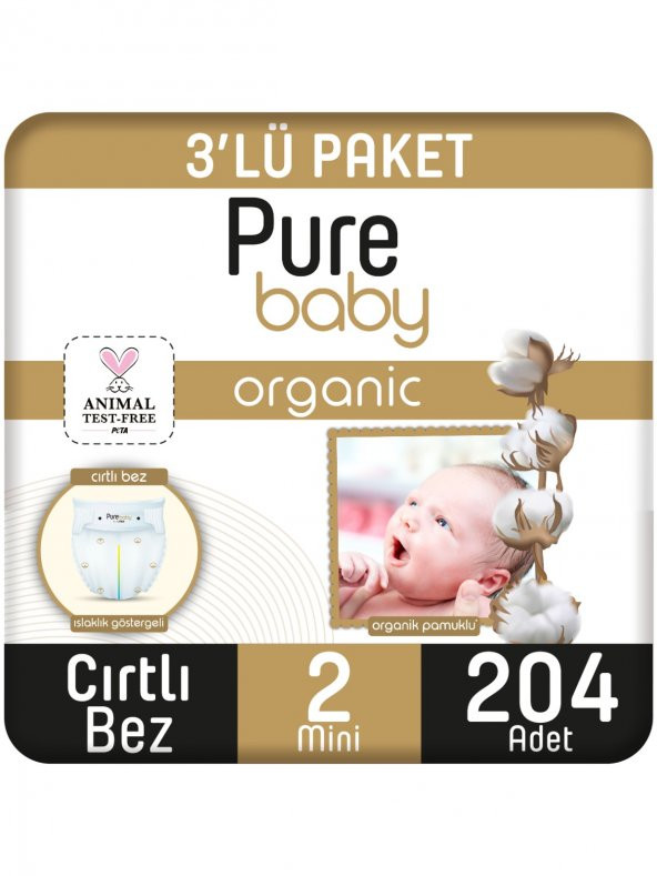 Pure Baby Organik Pamuklu Cırtlı Bez 3Lü Paket 2 Numara Mini 204 Adet ürün görseli 1