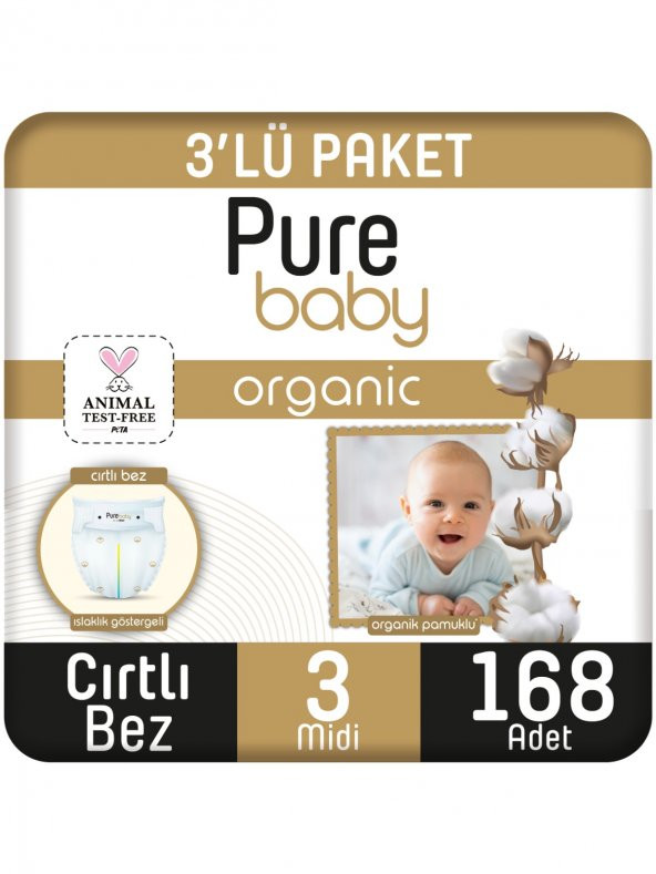 Pure Baby Organik Pamuklu Cırtlı Bez 3Lü Paket 3 Numara Midi 168 Adet ürün görseli 1