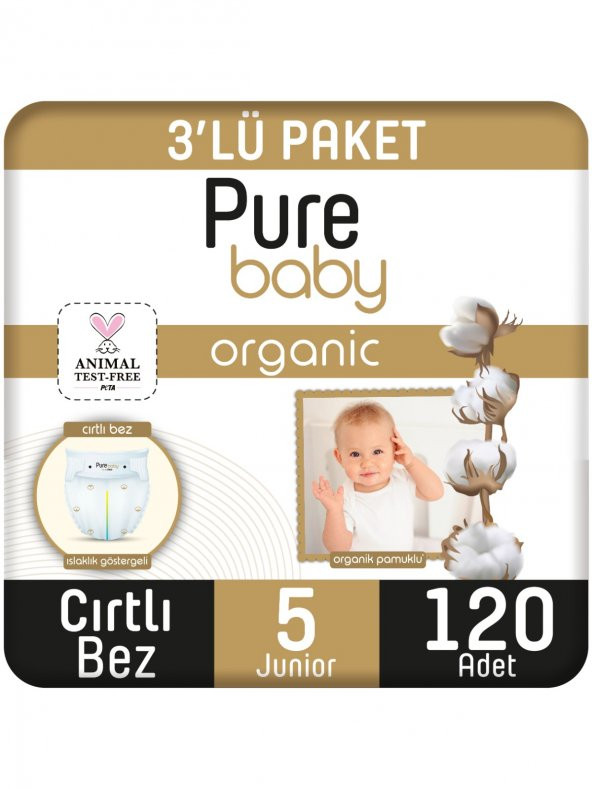 Pure Baby Organik Pamuklu Cırtlı Bez 3Lü Paket 5 Numara Junior 120 Adet ürün görseli 1
