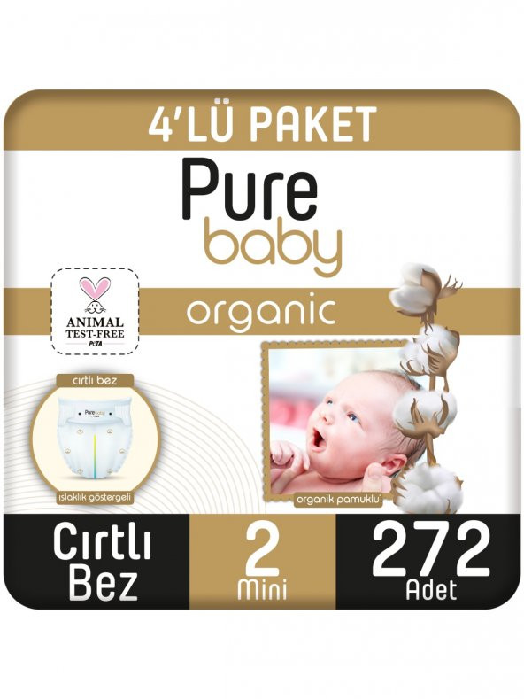 Pure Baby Organik Pamuklu Cırtlı Bez Pure Baby 4lü  Paket 2 Numara Mini 272 Adet ürün görseli 1