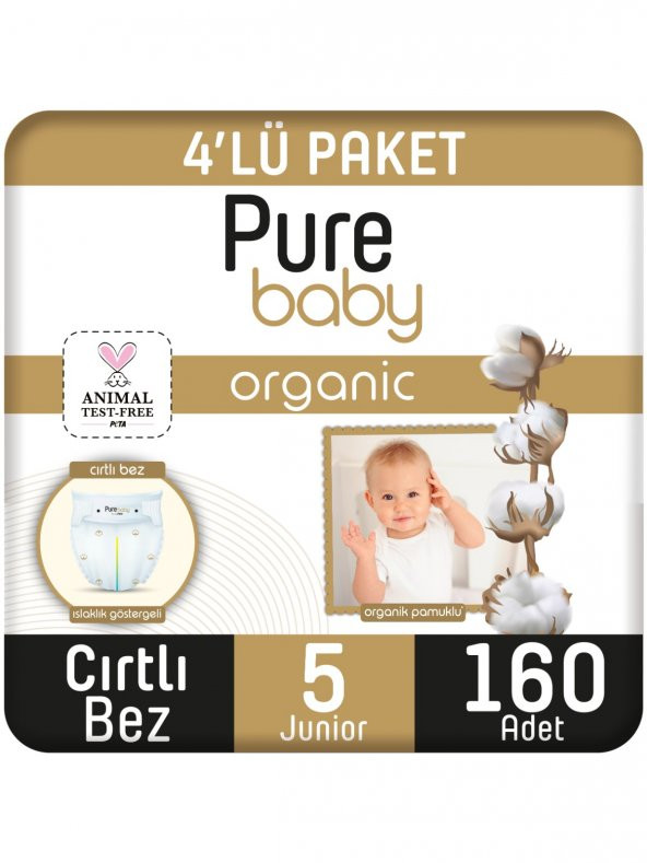 Pure Baby Organik Pamuklu Cırtlı Bez Pure Baby 4lü  Paket 5 Numara Junior 160 Adet ürün görseli 1