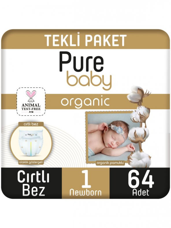 Pure Baby Organik Pamuklu Cırtlı Bez Tekli Paket 1 Numara Yenidogan 64 Adet ürün görseli 1