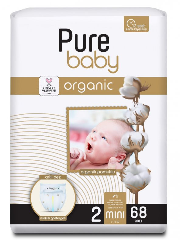 Pure Baby Organik Pamuklu Cırtlı Bez Tekli Paket 2 Numara Mini 68 Adet ürün görseli 1