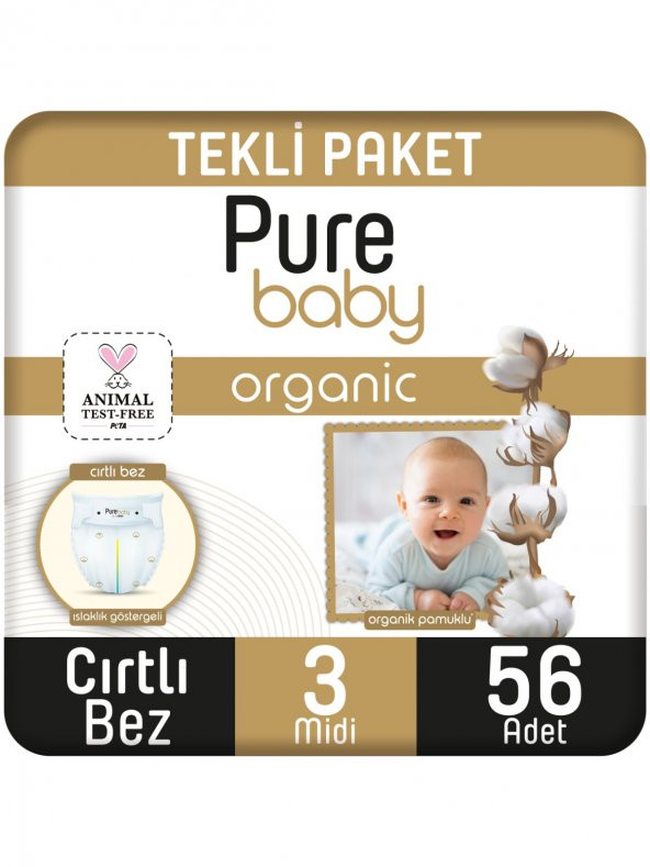 Pure Baby Organik Pamuklu Cırtlı Bez Tekli Paket 3 Numara Midi 56 Adet ürün görseli 1