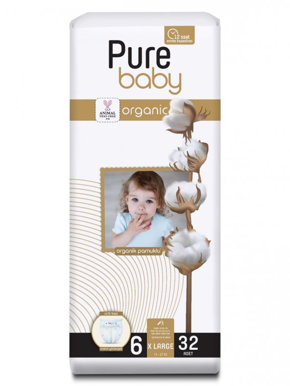Pure Baby Organik Pamuklu Cırtlı Bez Tekli Paket 6 Numara Xlarge 32 Adet ürün görseli 1