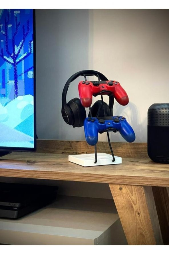 Beyaz Ahşap Ve Siyah Metal Gaming Ps4 Ps5 Xbox Joystick Kontroller Tutucu Ve Kulaklık Dikey Standı ürün görseli 1