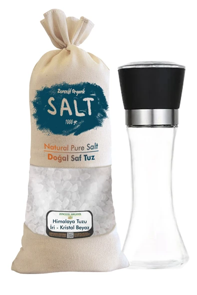 1 Kg. İri Himalaya Tuzu Bez Torbada Beyaz Renk + Seramik Bıçaklı Değirmen Tuz/Baharat Değirmeni ürün görseli 1