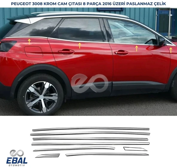 Peugeot 3008 Krom Cam Çıtası  8 prç 2016 Ve Sonrası P.Çelik ürün görseli 1