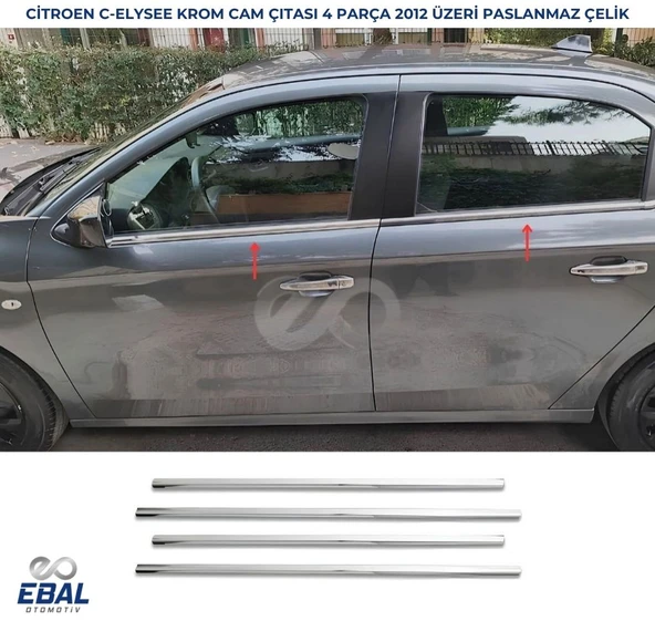 Citroen C-Elysee Krom Cam Çıtası 4 Parça  2012 Üzeri Paslanmaz Çelik ürün görseli 1