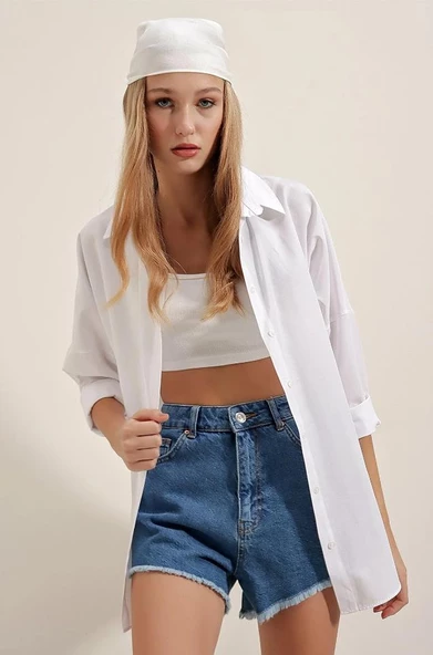 Kadın Oversize Gömlek Beyaz - Resim 2