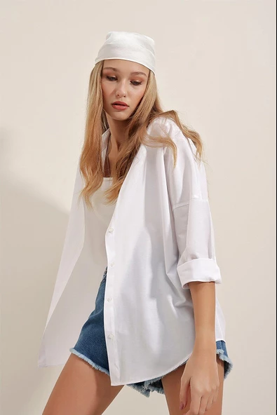 Kadın Oversize Gömlek Beyaz - Resim 5