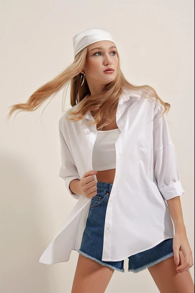 Kadın Oversize Gömlek Beyaz - Resim 4