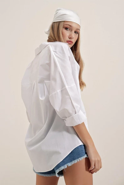 Kadın Oversize Gömlek Beyaz - Resim 6